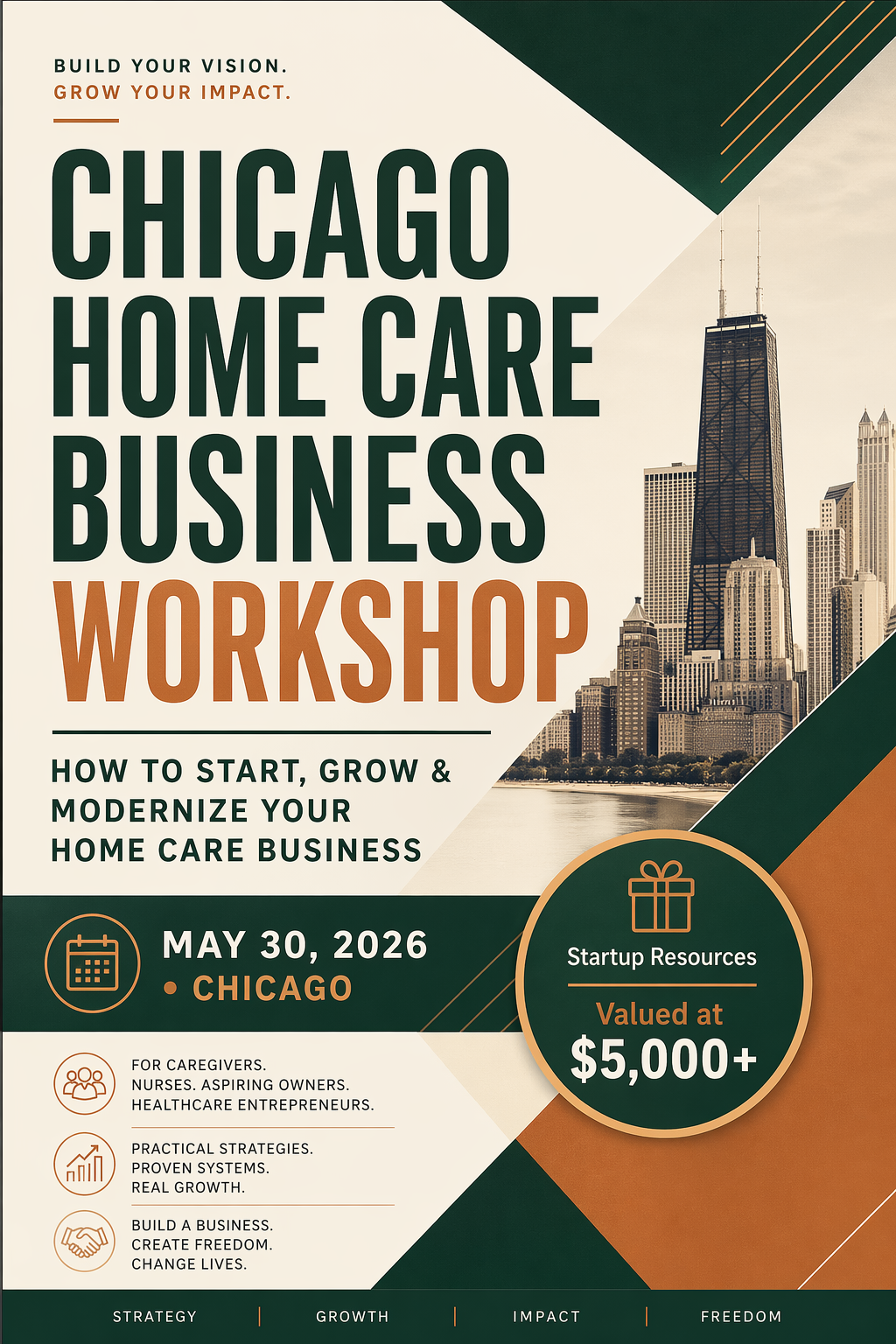 Bold geometric poster for the Chicago Home Care Business Workshop